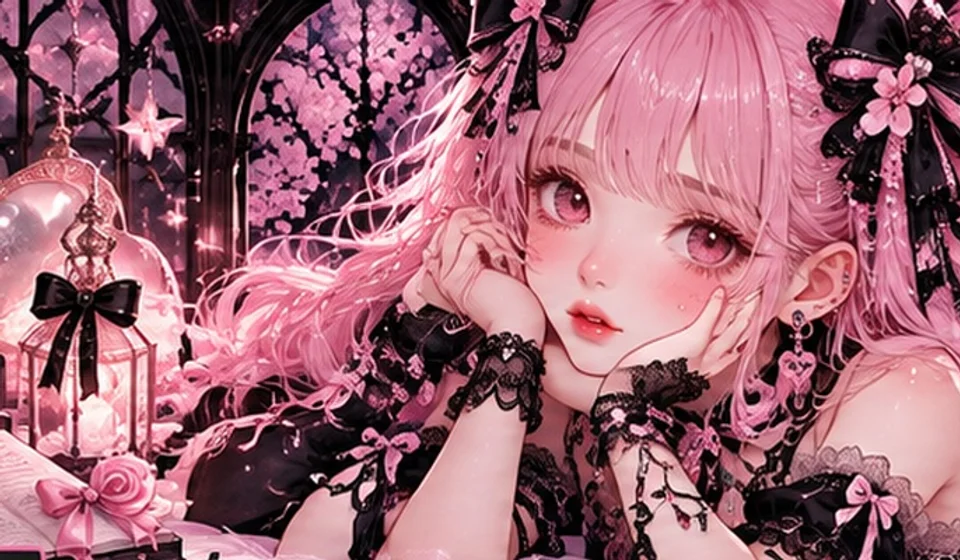 Sakura Miyu, a pink-haired anime character with a black ribbon, beneath sakura blossoms